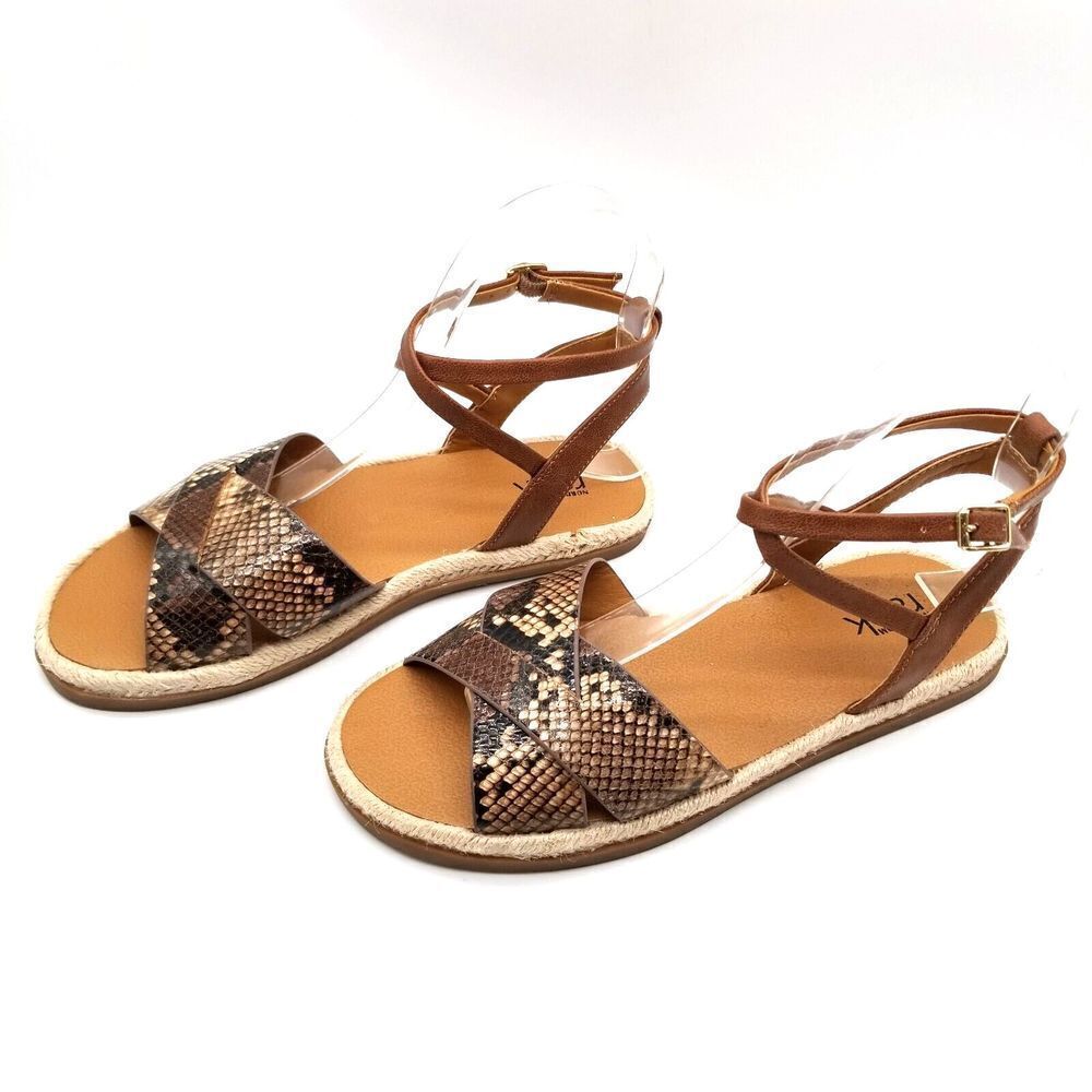 Nordstrom Rack Women Polly Flat Cross Sandals Size 8M Snake Brown Ankle‎ strap